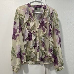 Ruffled Floral Button-Up Blouse in Purple and Cream